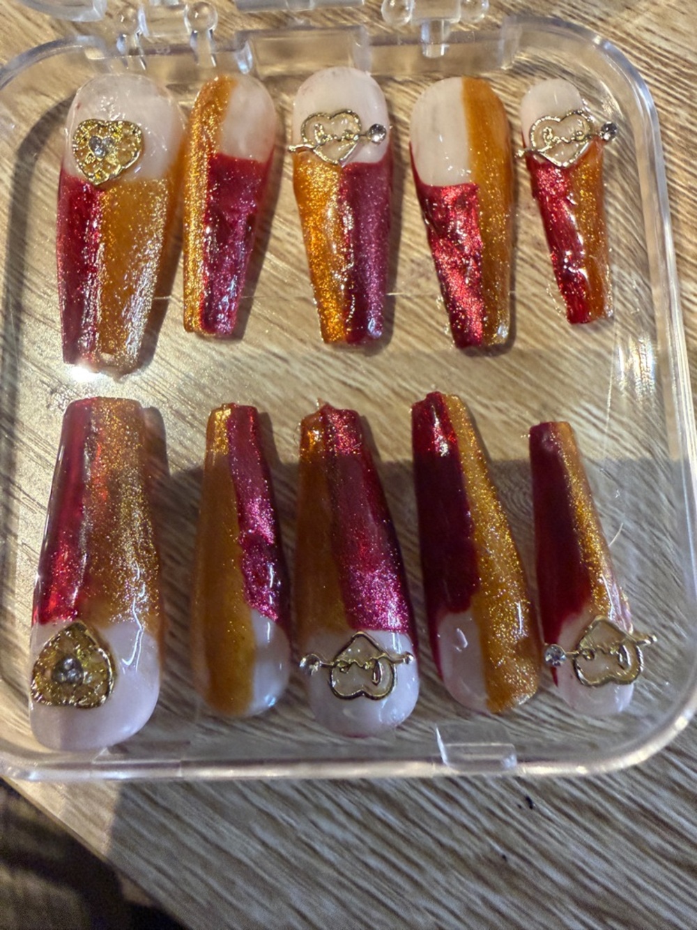 Handcrafted Red & Gold Glitter Coffin Press-On Nails
